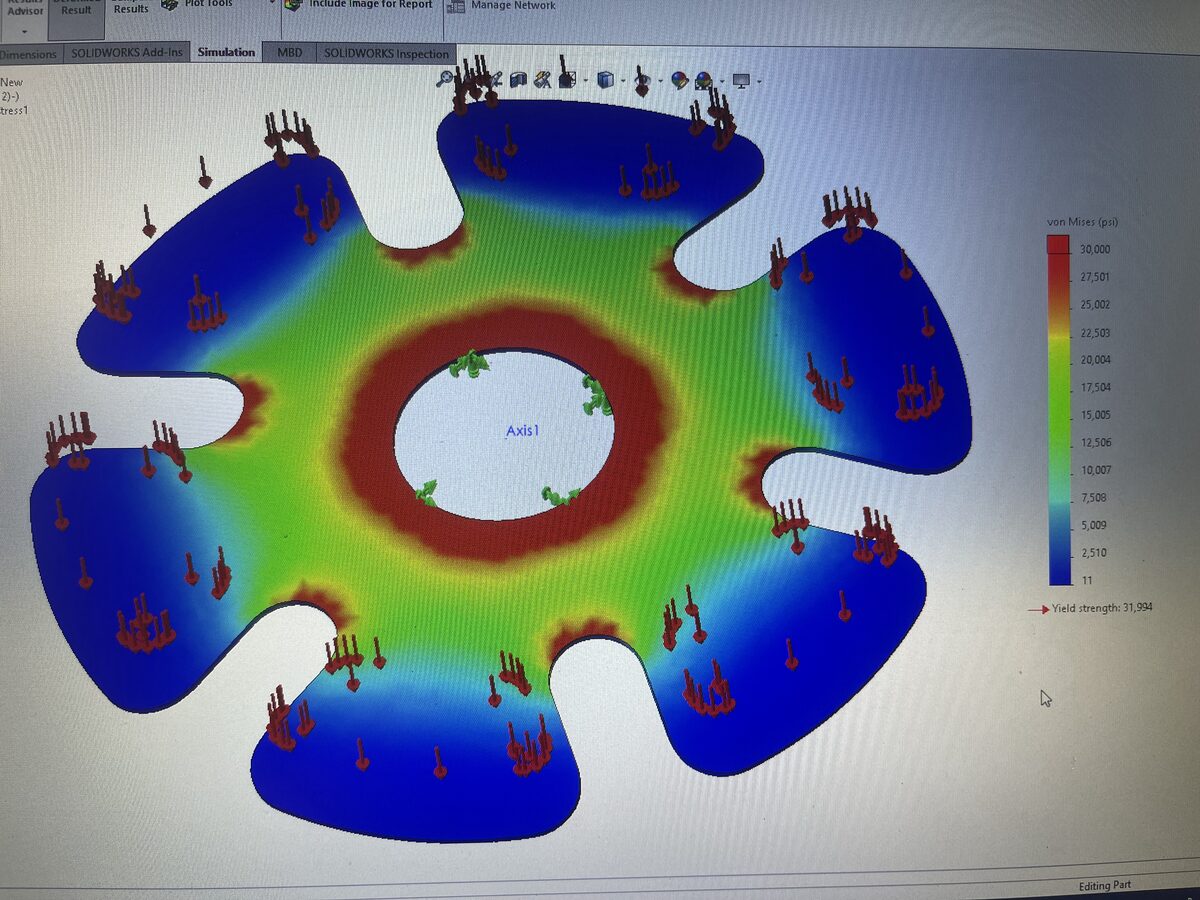 FEA von Mises stress analysis simulation in SolidWorks validating component design at The High Road Manufacturing